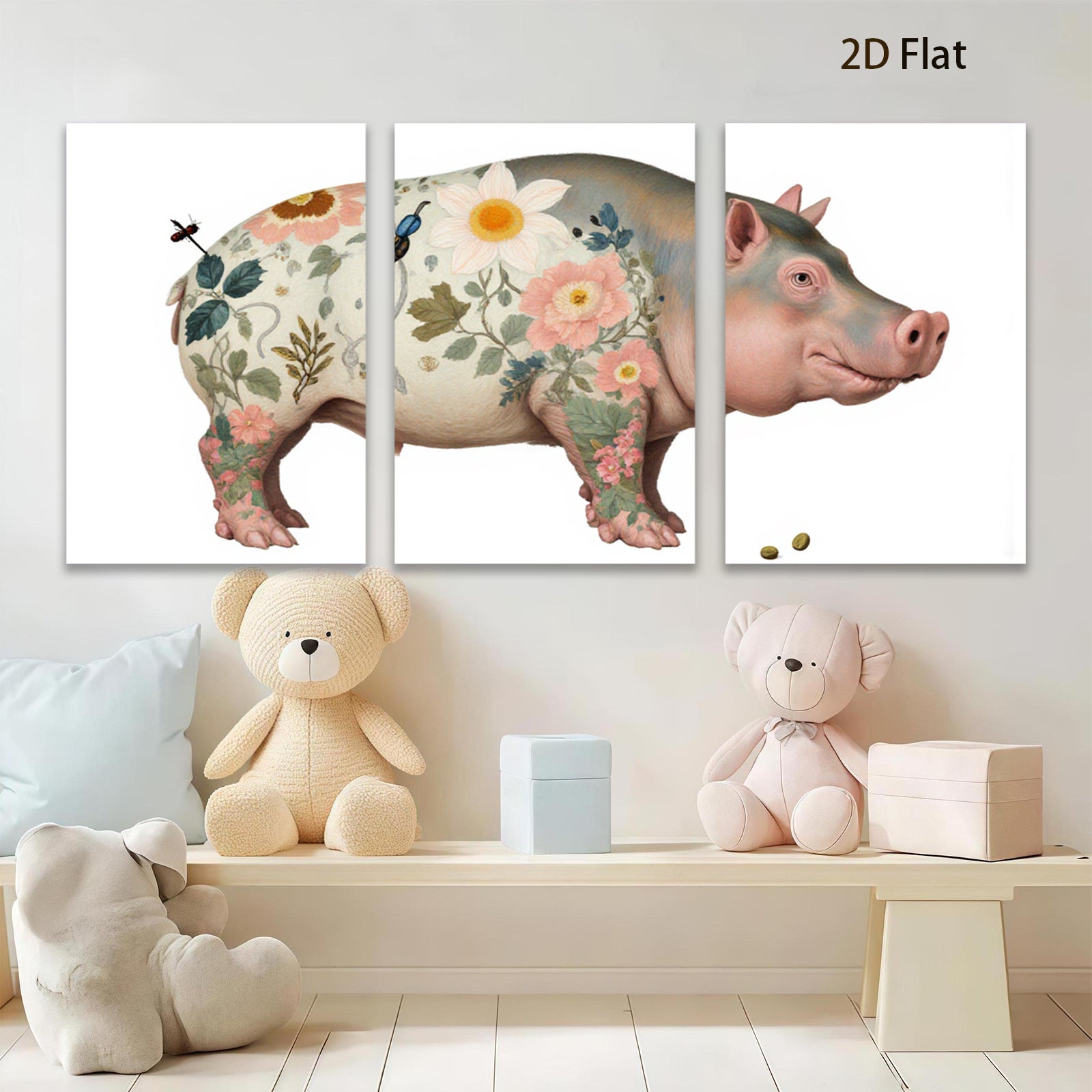 2D flat 1pc Floral Pig Whimsical Farm Animal Wall Decor Canvas Print for Living Room Bedroom Gallery Wrapped Timeless Modern Farmhouse Style