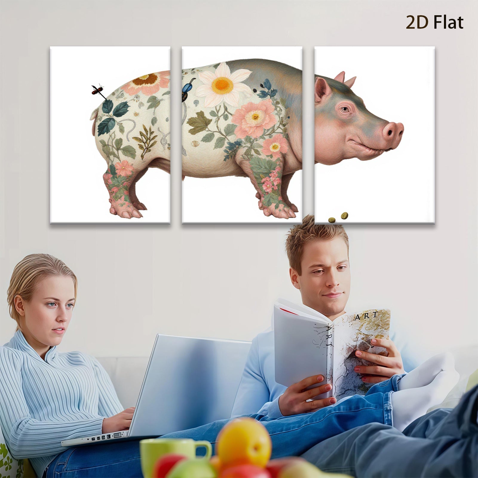 2D flat 1pc Floral Pig Whimsical Farm Animal Wall Decor Canvas Print for Living Room Bedroom Gallery Wrapped Timeless Modern Farmhouse Style