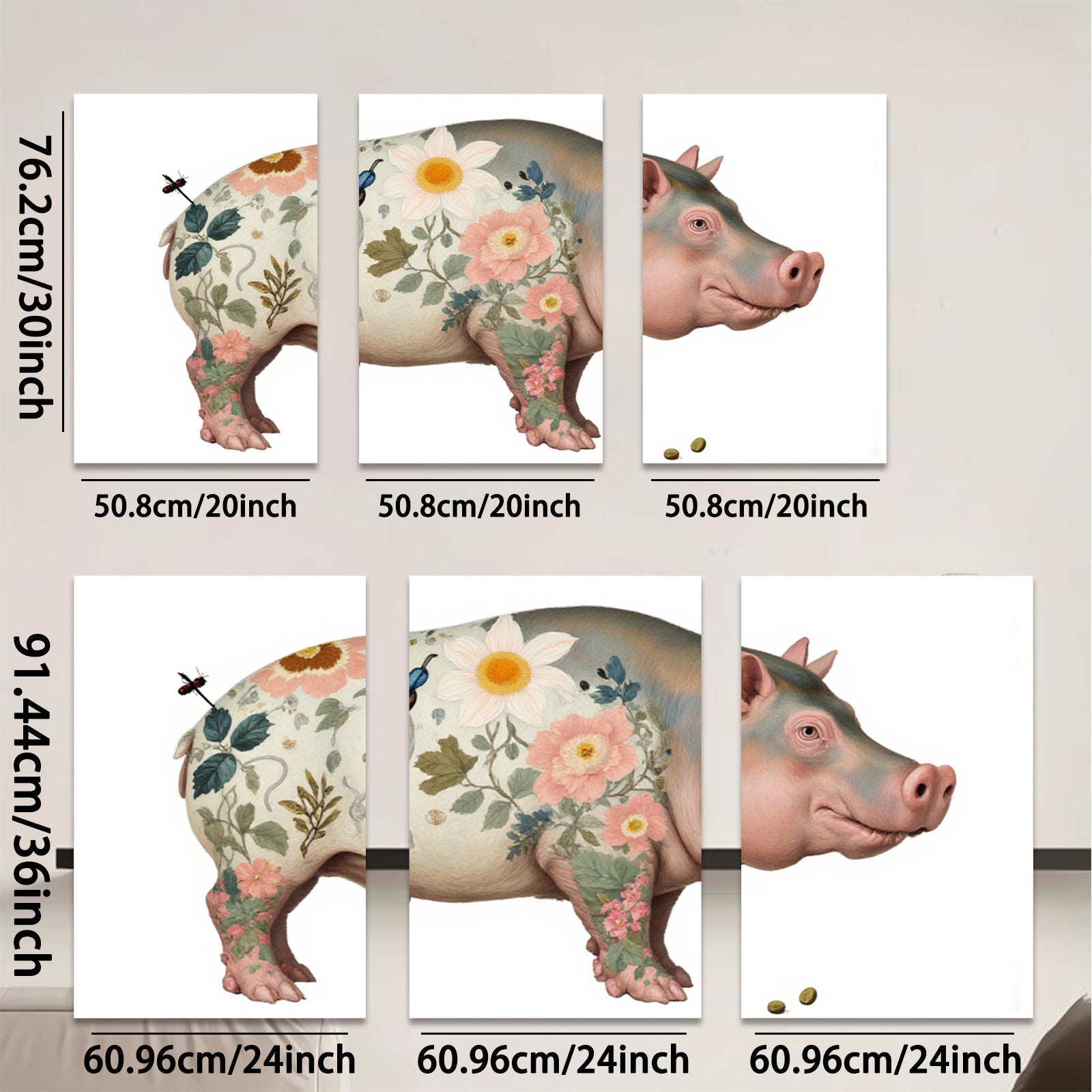 2D flat 1pc Floral Pig Whimsical Farm Animal Wall Decor Canvas Print for Living Room Bedroom Gallery Wrapped Timeless Modern Farmhouse Style