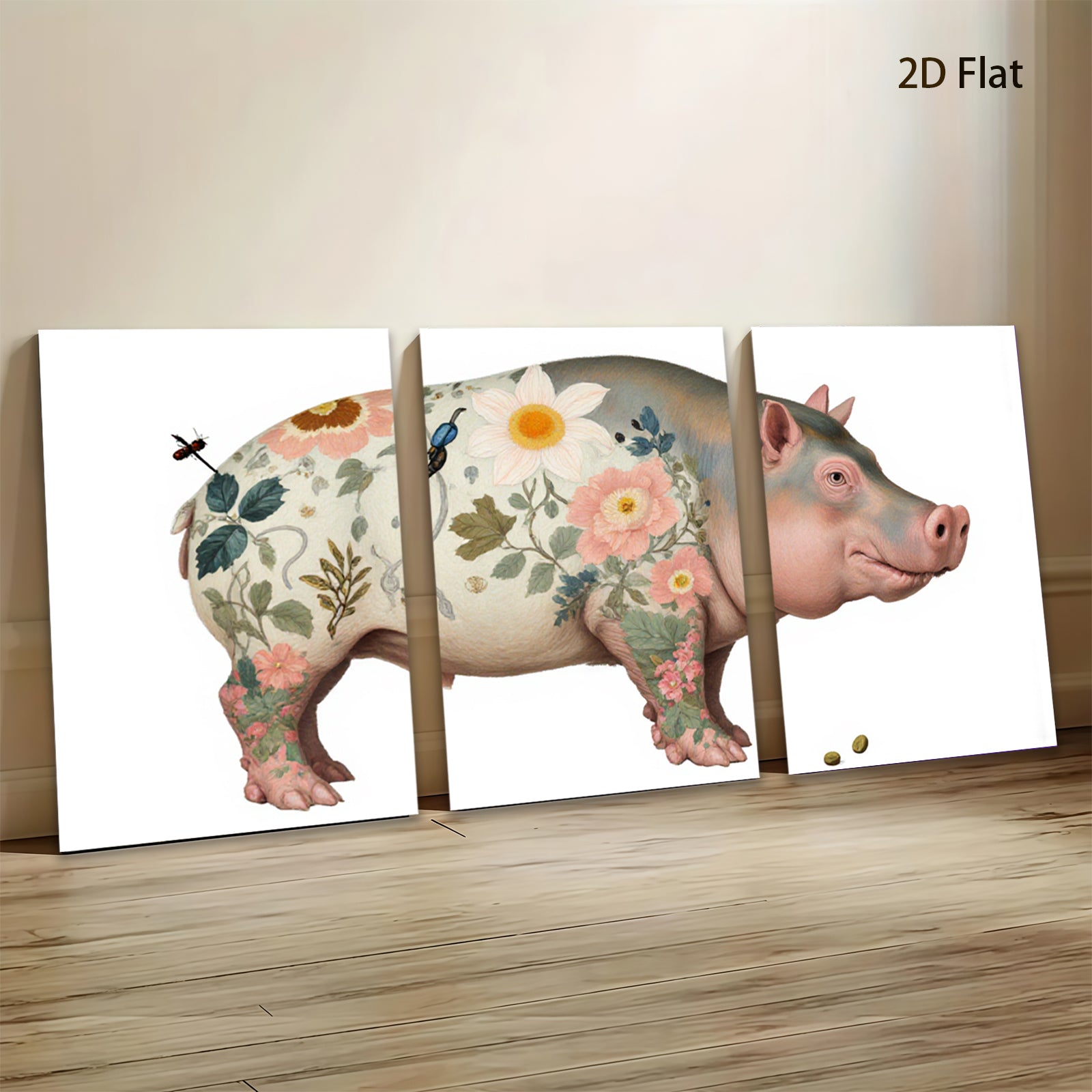 2D flat 1pc Floral Pig Whimsical Farm Animal Wall Decor Canvas Print for Living Room Bedroom Gallery Wrapped Timeless Modern Farmhouse Style