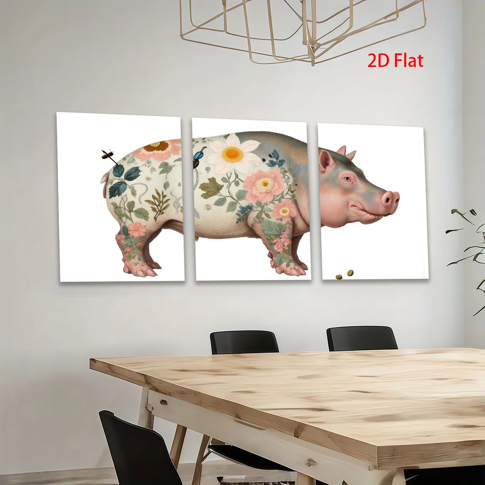 2D flat 1pc Floral Pig Whimsical Farm Animal Wall Decor Canvas Print for Living Room Bedroom Gallery Wrapped Timeless Modern Farmhouse Style