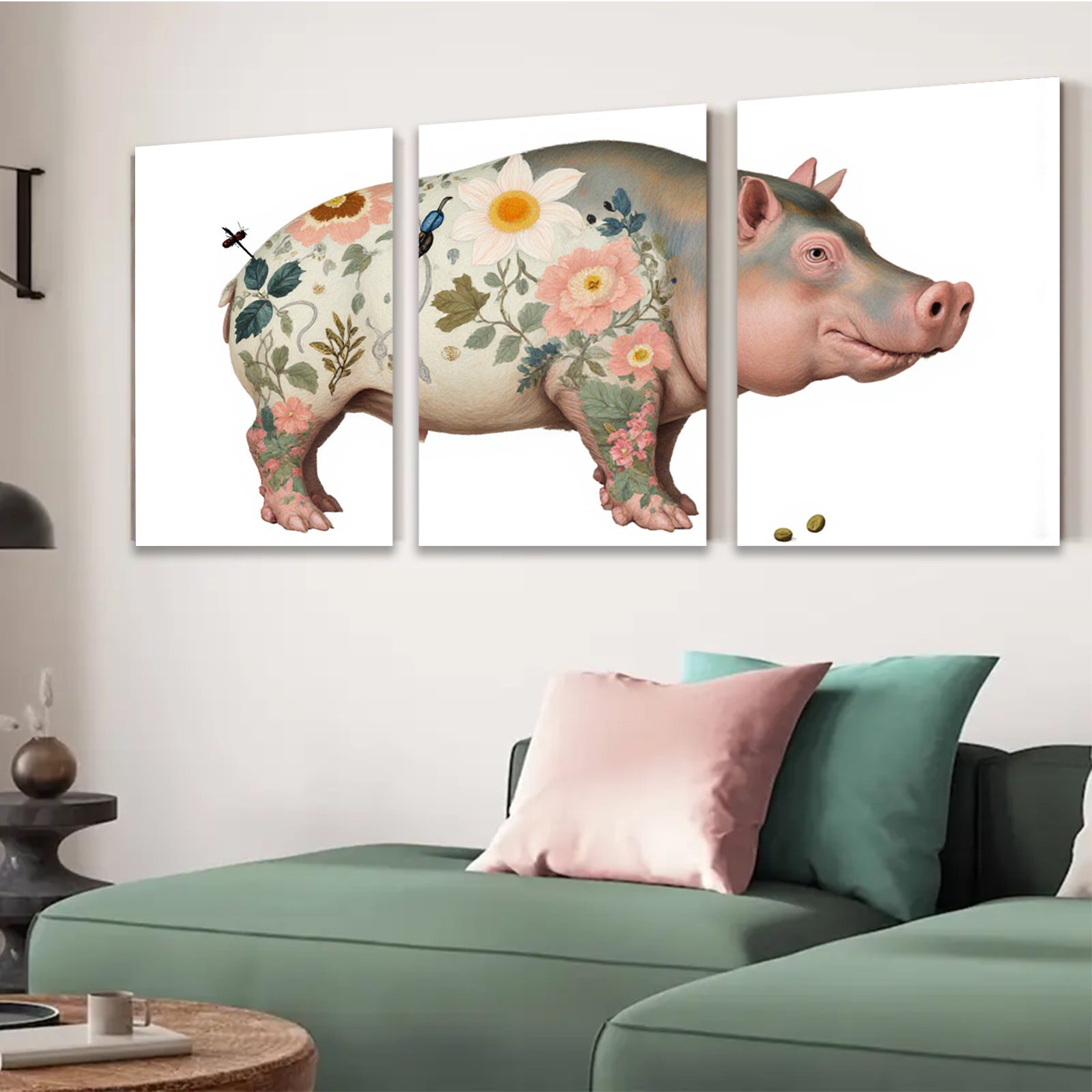 2D flat 1pc Floral Pig Whimsical Farm Animal Wall Decor Canvas Print for Living Room Bedroom Gallery Wrapped Timeless Modern Farmhouse Style