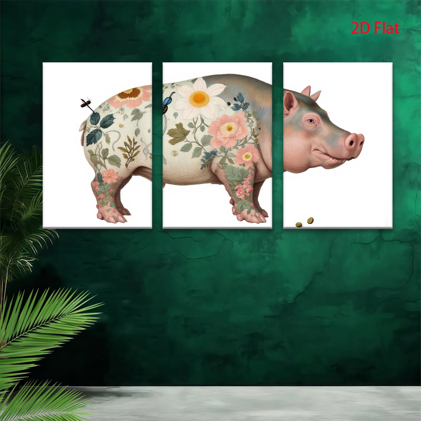 2D flat 1pc Floral Pig Whimsical Farm Animal Wall Decor Canvas Print for Living Room Bedroom Gallery Wrapped Timeless Modern Farmhouse Style