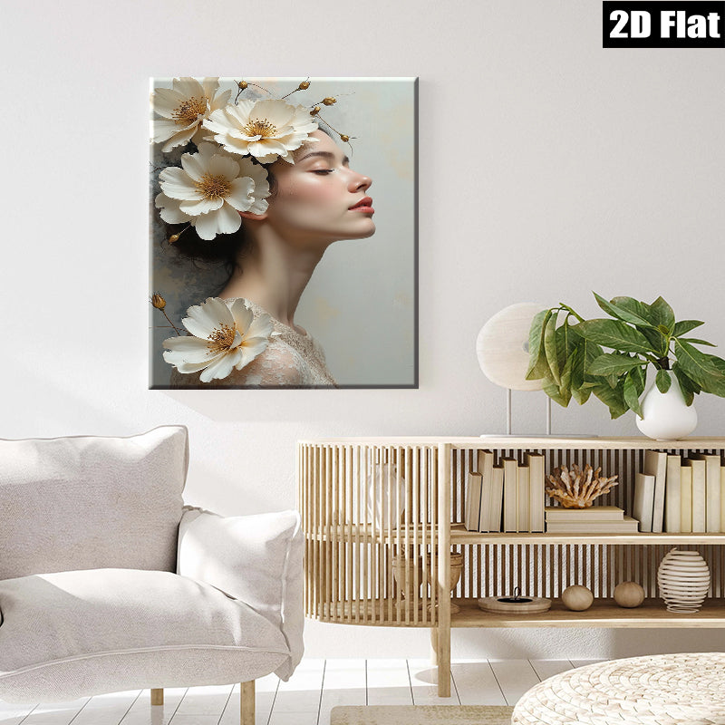 2D flat 1pc Floral Portrait Beauty Woman Canvas Wall Art Living Room Bedroom Decor Modern Farmhouse Style Gallery Wrapped Ready to Hang