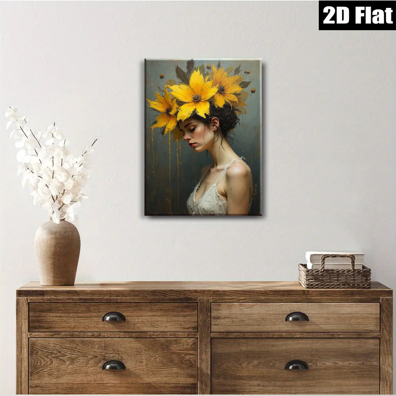 2D flat 1pc Floral Portrait Woman Beauty Canvas Wall Art Living Room Bedroom Decor Farmhouse Style Gallery Wrapped Prints Ready to Hang Modern Aesthetic