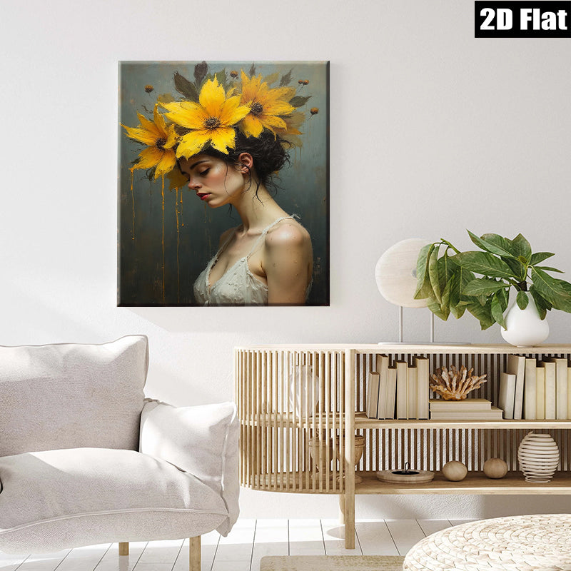 2D flat 1pc Floral Portrait Woman Beauty Canvas Wall Art Living Room Bedroom Decor Farmhouse Style Gallery Wrapped Prints Ready to Hang Modern Aesthetic