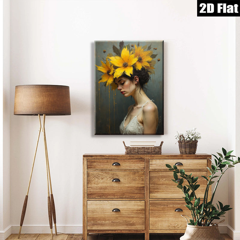 2D flat 1pc Floral Portrait Woman Beauty Canvas Wall Art Living Room Bedroom Decor Farmhouse Style Gallery Wrapped Prints Ready to Hang Modern Aesthetic