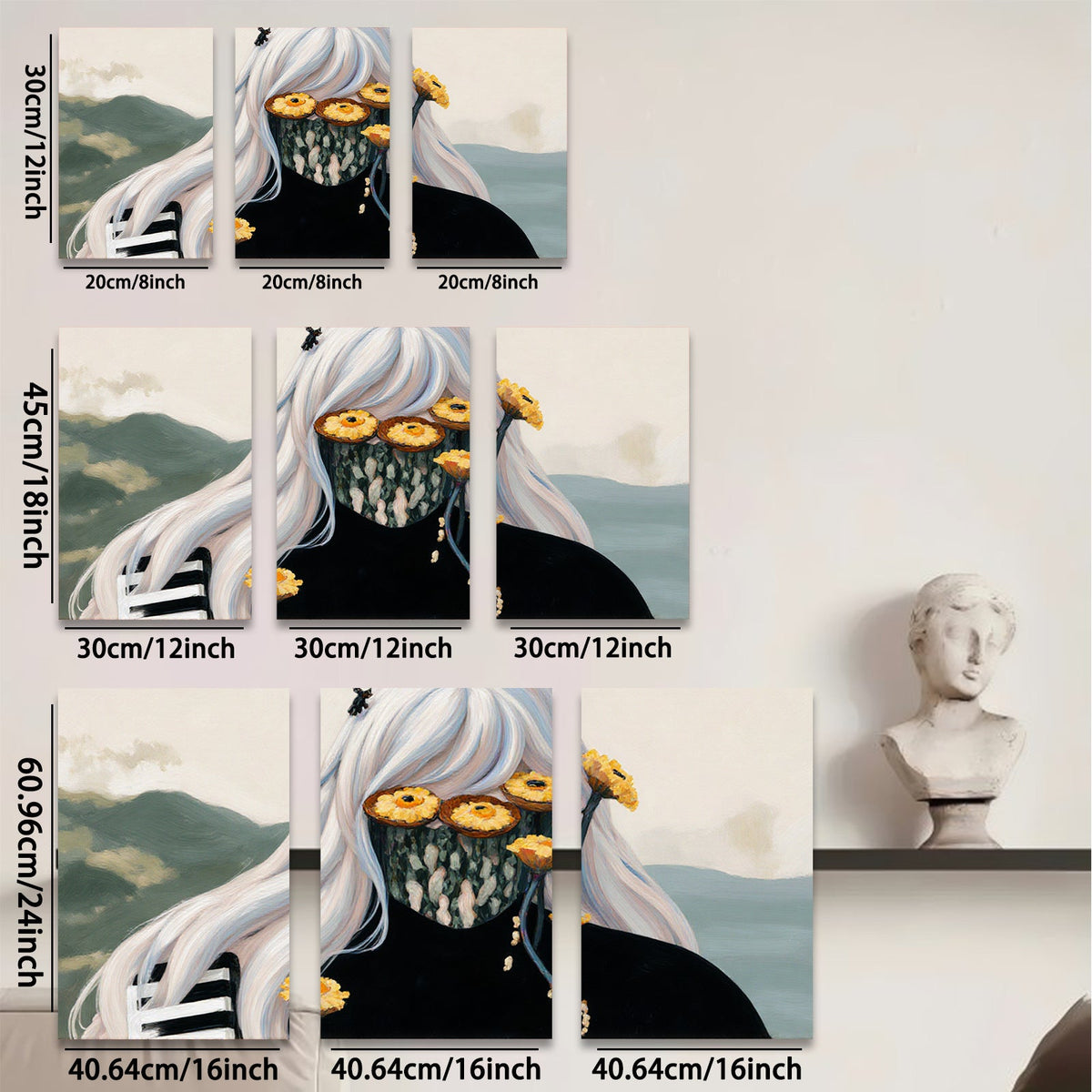 2D flat 1pc Floral masked woman portrait modern farmhouse wall art living room bedroom decor gallery wrapped canvas prints coastal style statement piece
