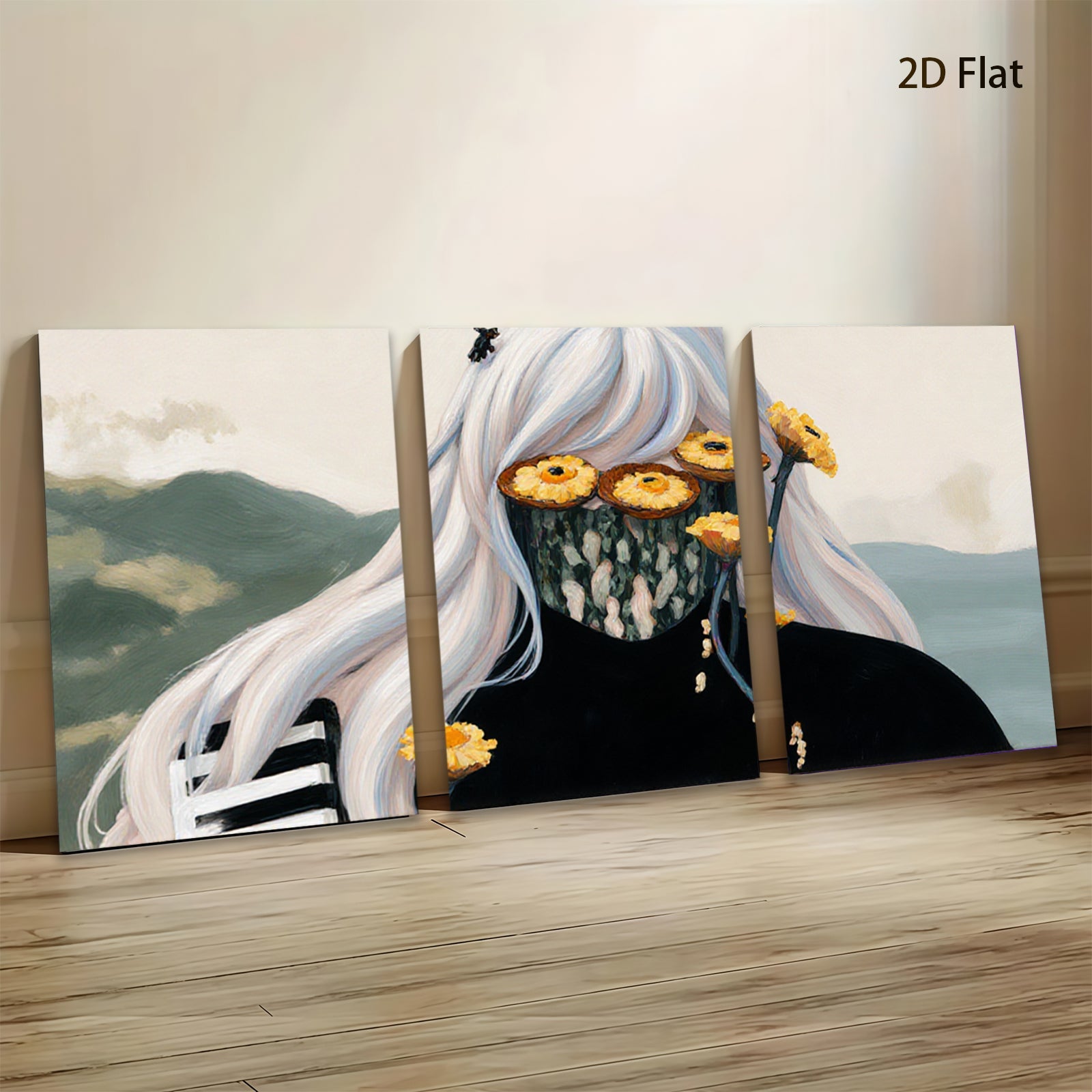 2D flat 1pc Floral masked woman portrait modern farmhouse wall art living room bedroom decor gallery wrapped canvas prints coastal style statement piece