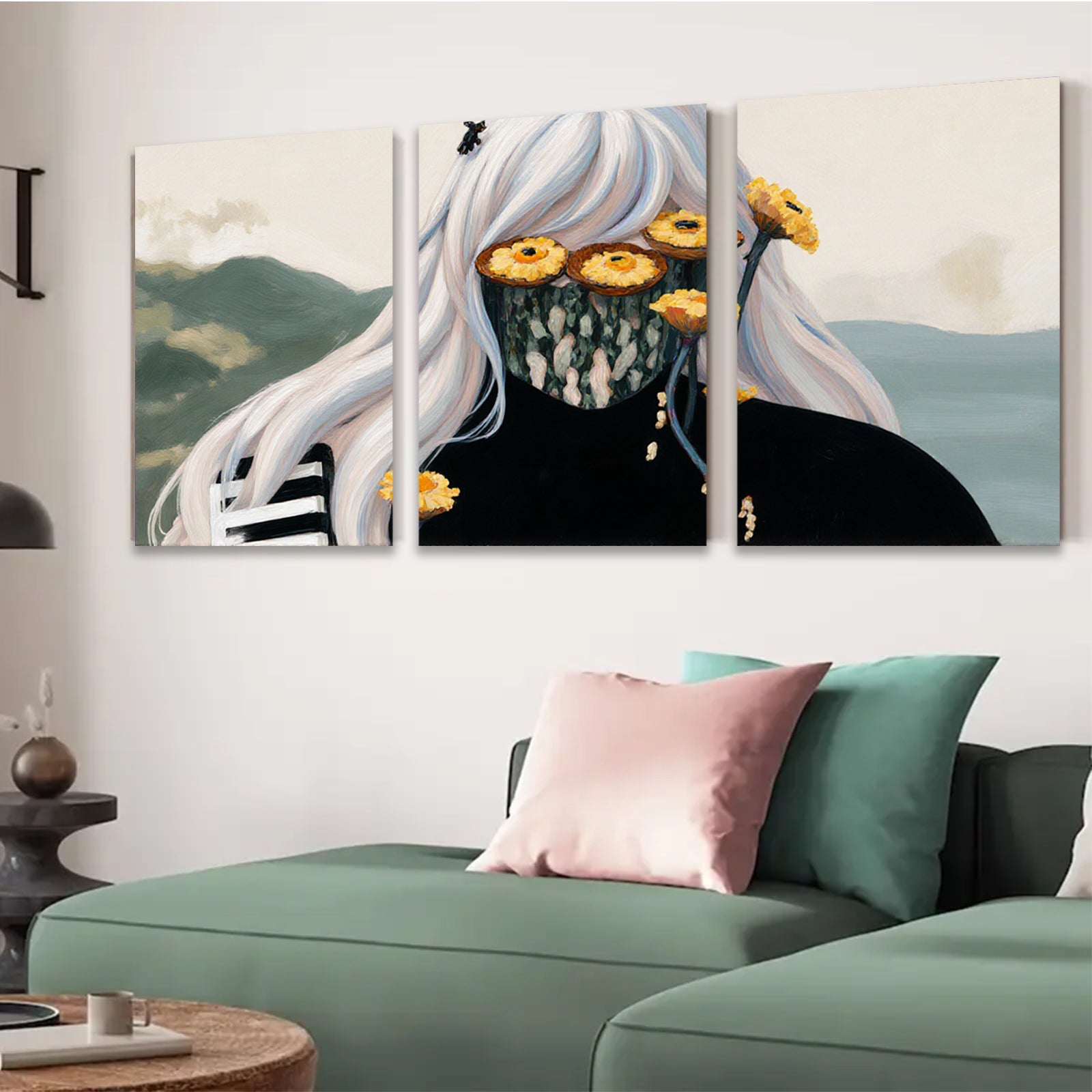 2D flat 1pc Floral masked woman portrait modern farmhouse wall art living room bedroom decor gallery wrapped canvas prints coastal style statement piece