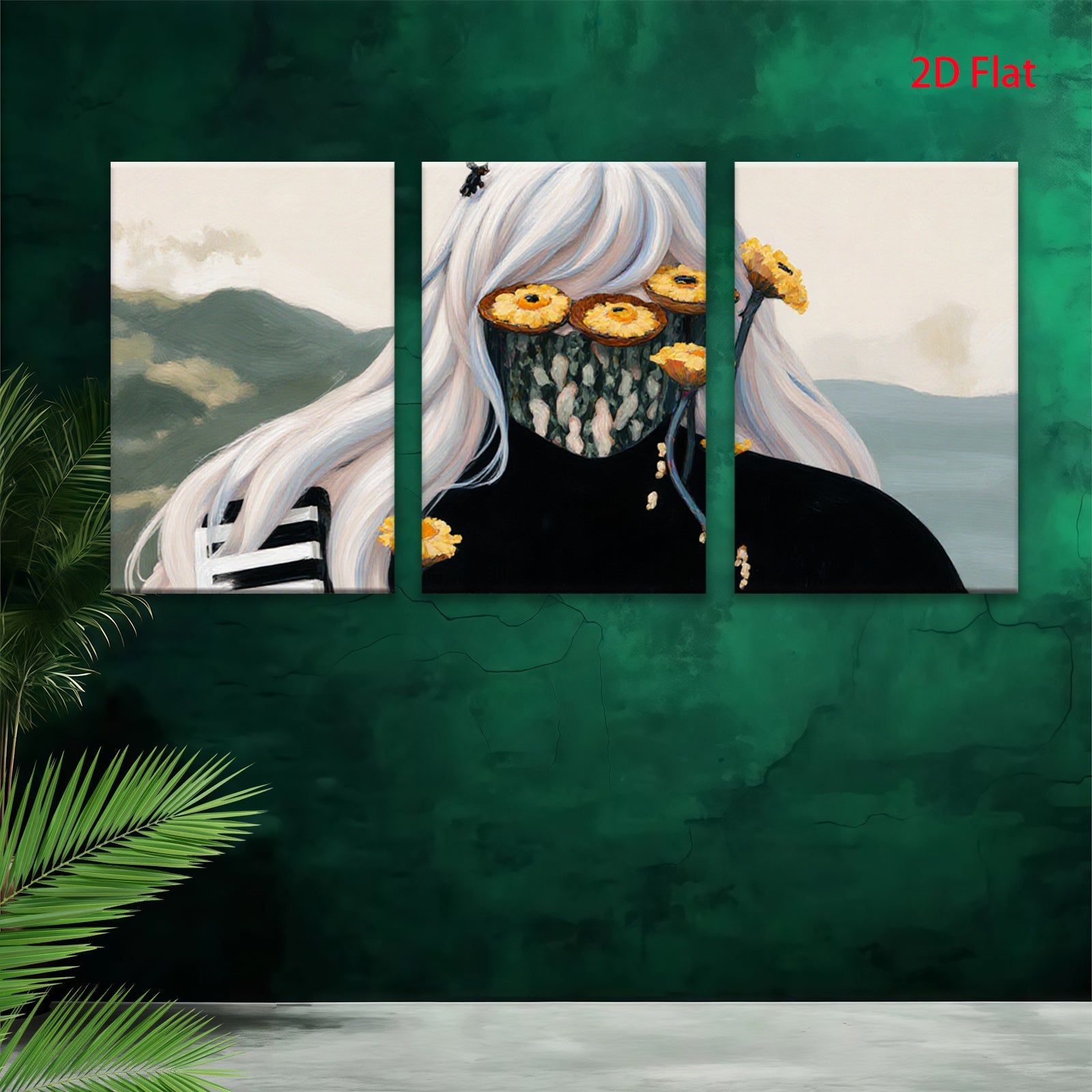 2D flat 1pc Floral masked woman portrait modern farmhouse wall art living room bedroom decor gallery wrapped canvas prints coastal style statement piece