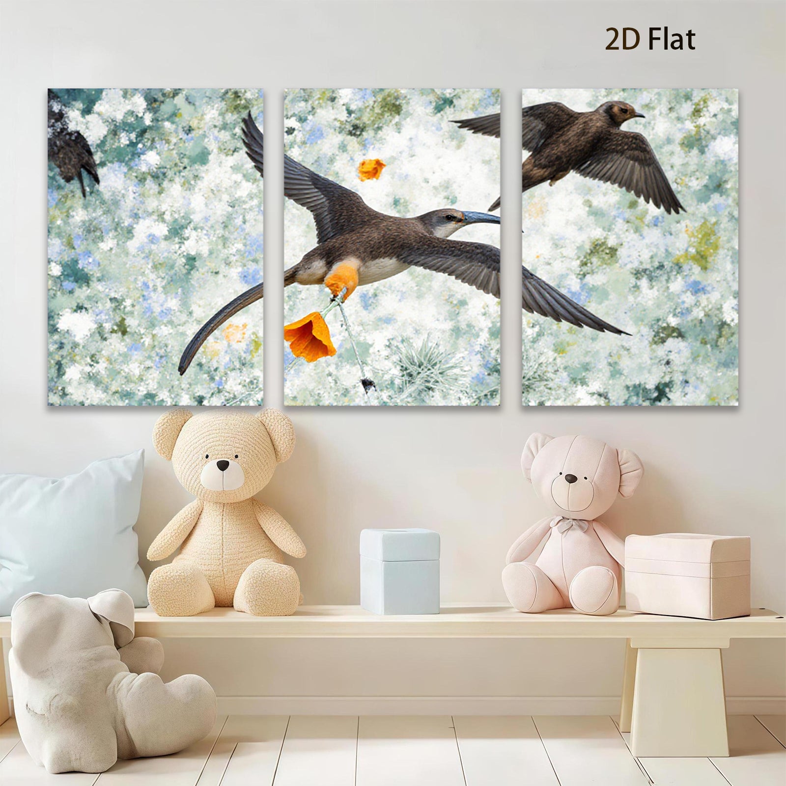 2D flat 1pc Frigatebirds soaring with vibrant orange blossom coastal wall art for living room bedroom gallery wrapped canvas modern farmhouse decor
