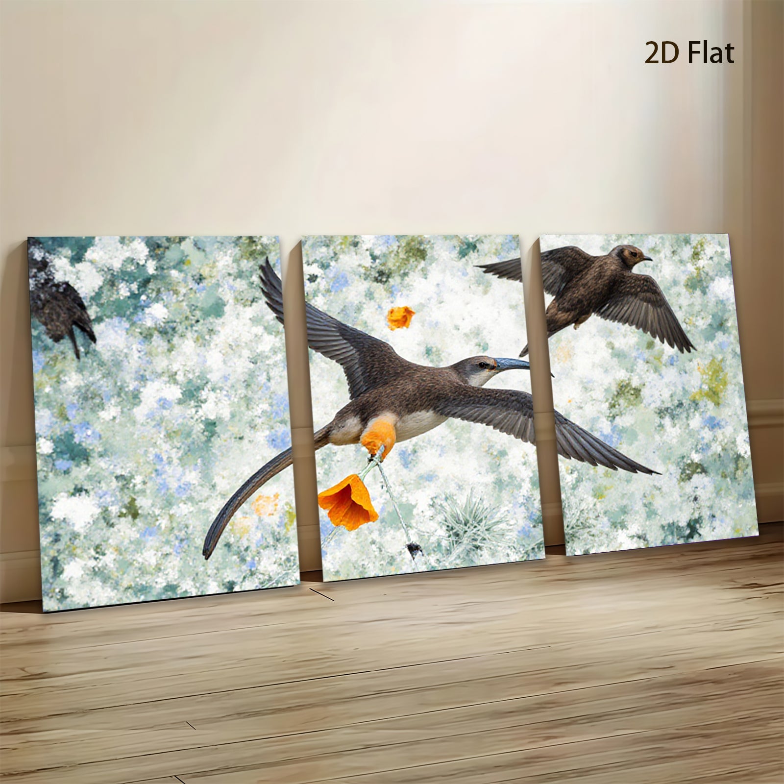 2D flat 1pc Frigatebirds soaring with vibrant orange blossom coastal wall art for living room bedroom gallery wrapped canvas modern farmhouse decor