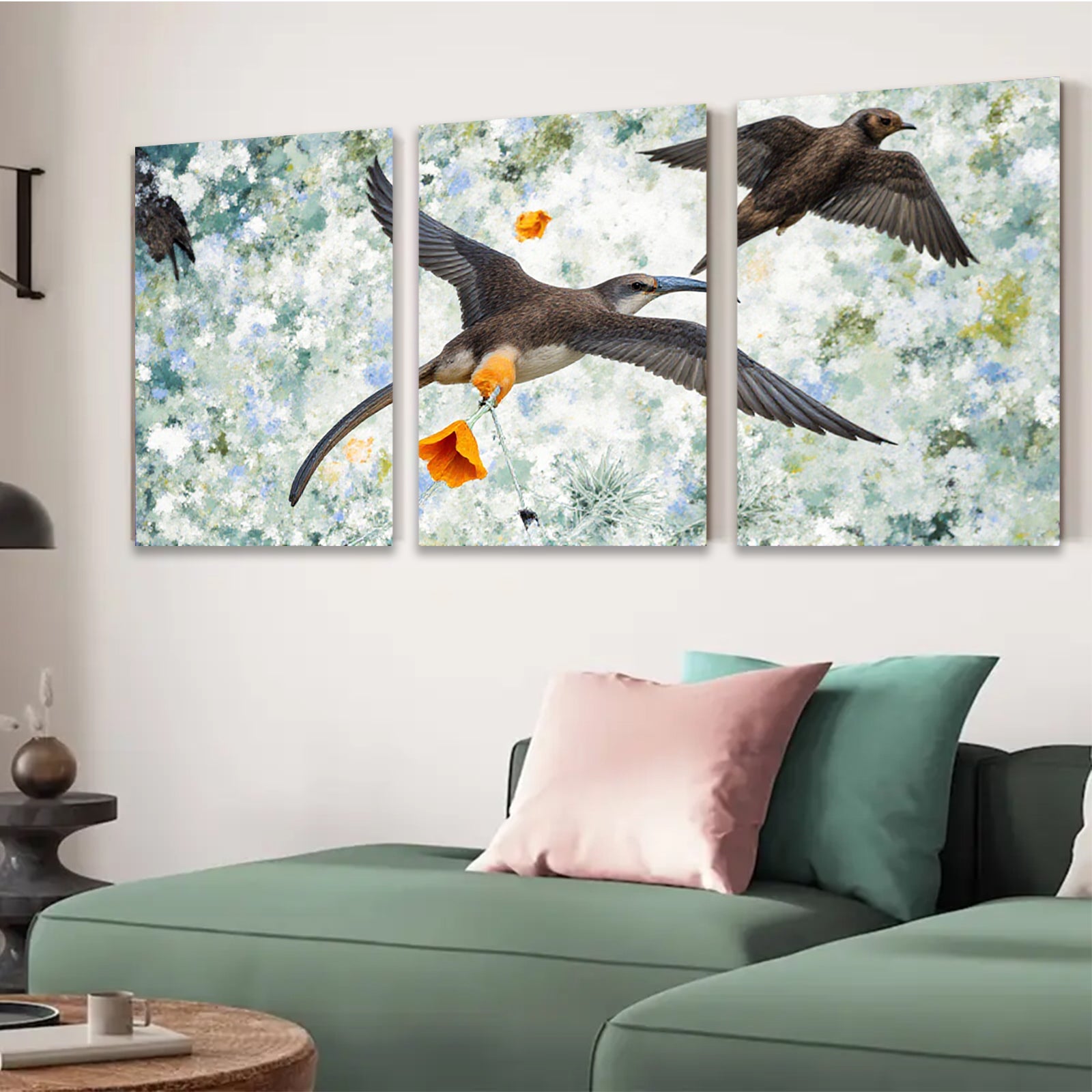 2D flat 1pc Frigatebirds soaring with vibrant orange blossom coastal wall art for living room bedroom gallery wrapped canvas modern farmhouse decor