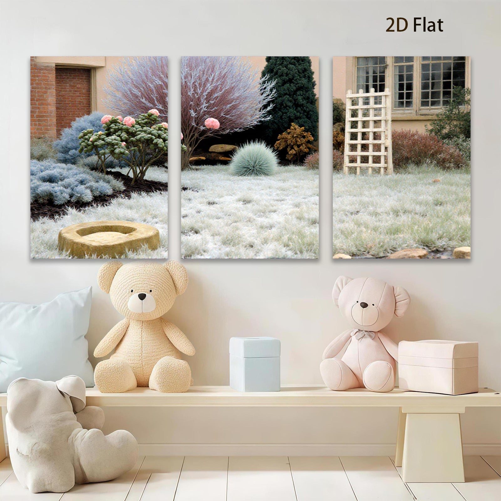 2D flat 1pc Frosty Winter Garden Scene Tranquil Landscape Wall Decor Living Room Bedroom Modern Farmhouse Style Gallery Wrapped Canvas Print Ready to Hang Large Size