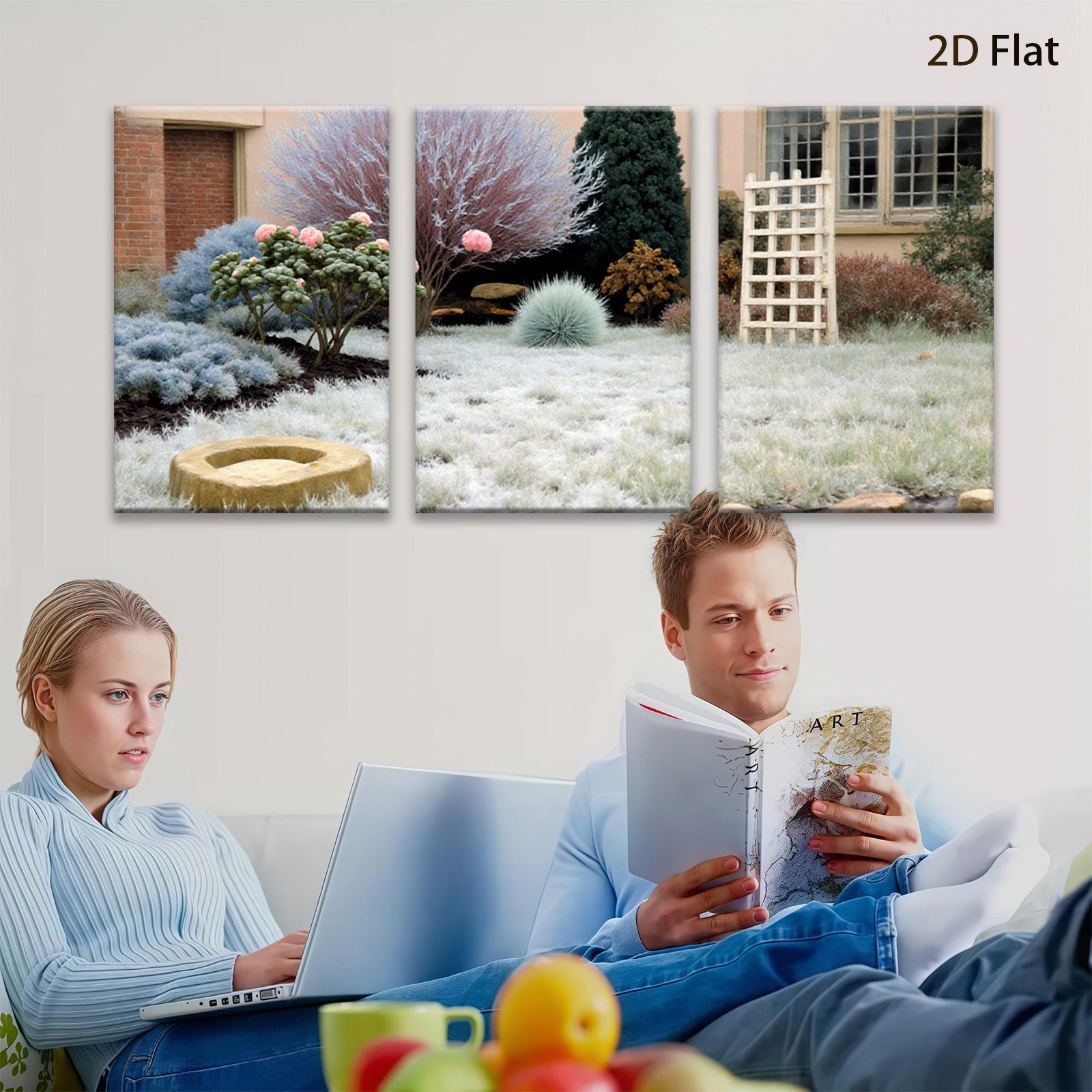 2D flat 1pc Frosty Winter Garden Scene Tranquil Landscape Wall Decor Living Room Bedroom Modern Farmhouse Style Gallery Wrapped Canvas Print Ready to Hang Large Size