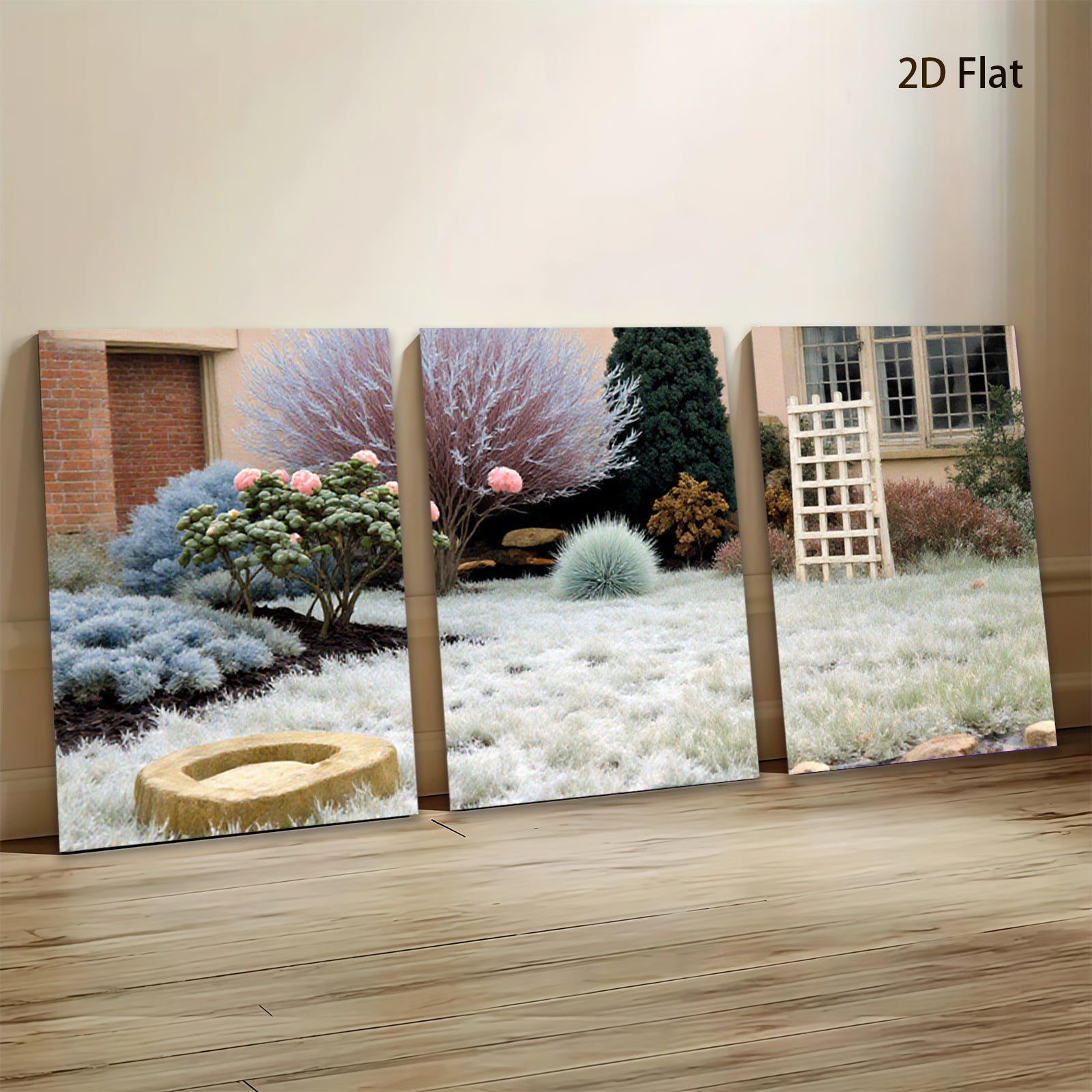 2D flat 1pc Frosty Winter Garden Scene Tranquil Landscape Wall Decor Living Room Bedroom Modern Farmhouse Style Gallery Wrapped Canvas Print Ready to Hang Large Size