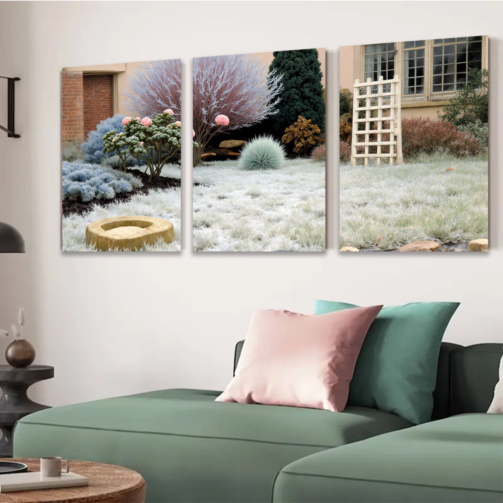 2D flat 1pc Frosty Winter Garden Scene Tranquil Landscape Wall Decor Living Room Bedroom Modern Farmhouse Style Gallery Wrapped Canvas Print Ready to Hang Large Size