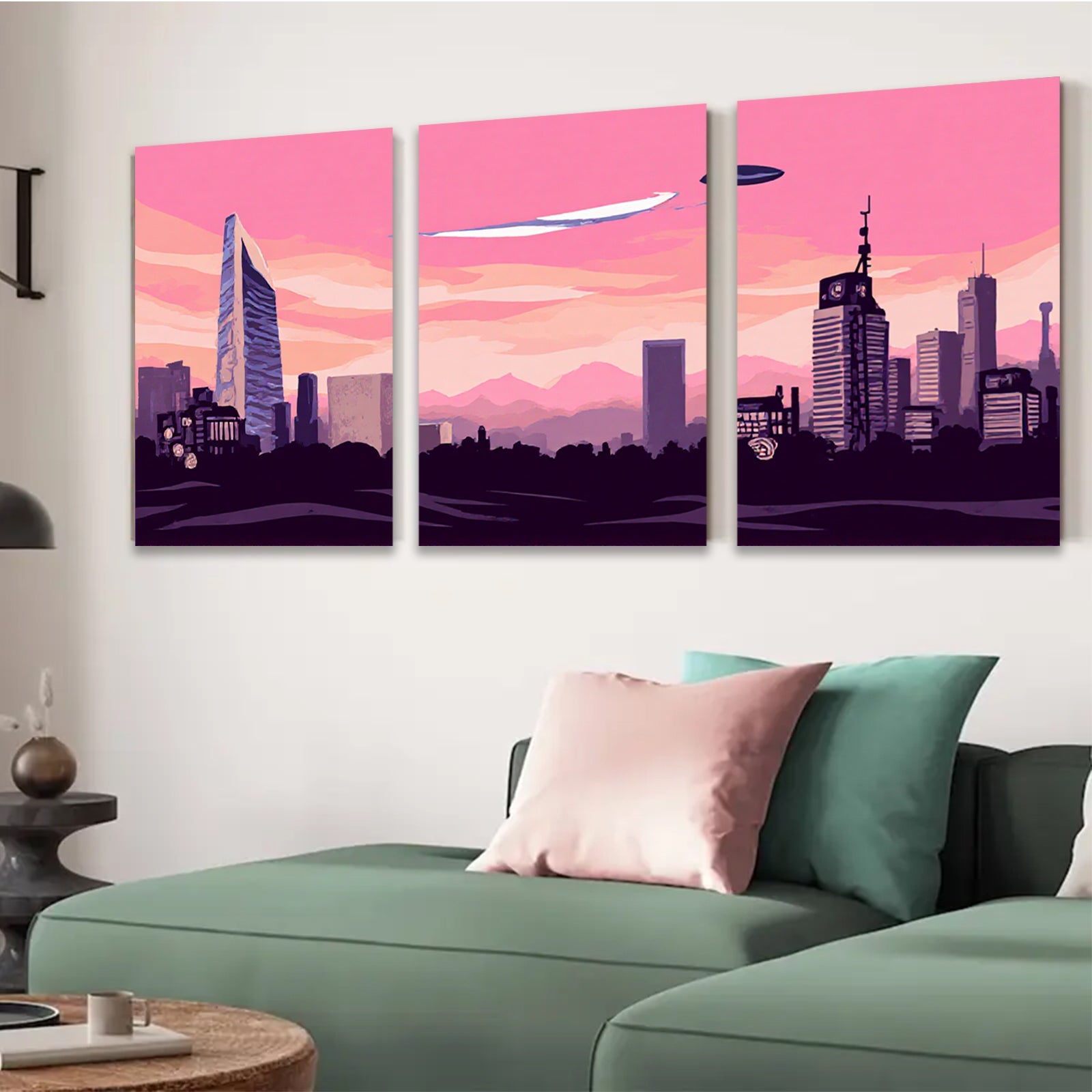 2D flat 1pc Futuristic Cityscape Skyline Wall Art Decor for Living Room Bedroom Office Modern Home Decorations Canvas Prints Minimalist Aesthetic