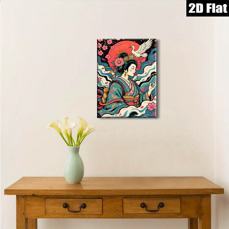 2D flat 1pc Geisha Crane Blossom Wall Art Living Room Bedroom Decor Gallery Wrapped Canvas Prints Modern Farmhouse Style Coastal Beach Home Decor
