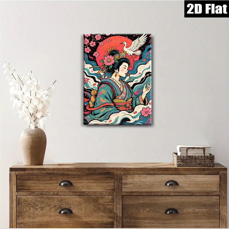 2D flat 1pc Geisha Crane Blossom Wall Art Living Room Bedroom Decor Gallery Wrapped Canvas Prints Modern Farmhouse Style Coastal Beach Home Decor