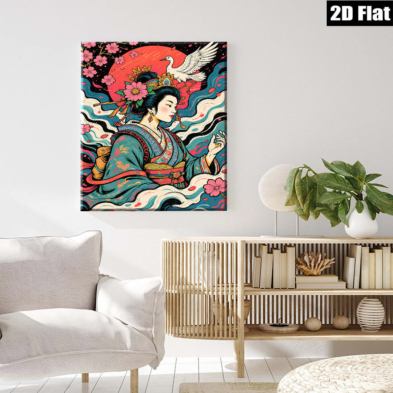 2D flat 1pc Geisha Crane Blossom Wall Art Living Room Bedroom Decor Gallery Wrapped Canvas Prints Modern Farmhouse Style Coastal Beach Home Decor