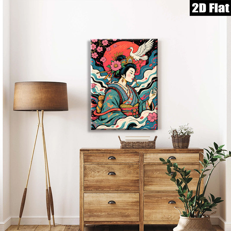 2D flat 1pc Geisha Crane Blossom Wall Art Living Room Bedroom Decor Gallery Wrapped Canvas Prints Modern Farmhouse Style Coastal Beach Home Decor
