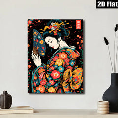 2D flat 1pc Geisha Lady Fan Portrait Wall Art Decor for Living Room Bedroom Aesthetic Home Canvas Prints Modern Farmhouse Style Gallery Wrapped
