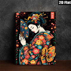 2D flat 1pc Geisha Lady Fan Portrait Wall Art Decor for Living Room Bedroom Aesthetic Home Canvas Prints Modern Farmhouse Style Gallery Wrapped