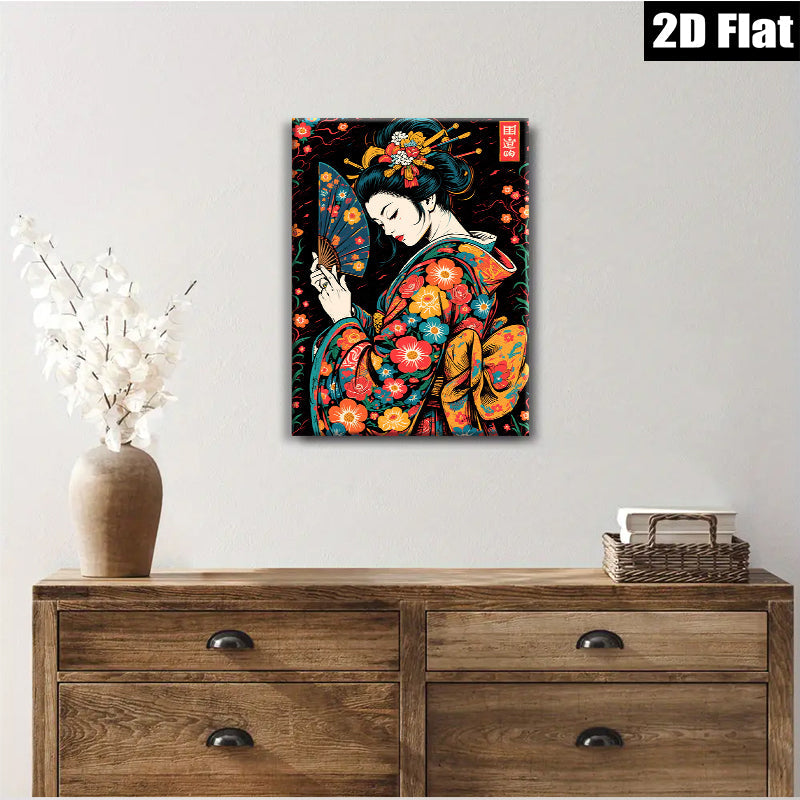 2D flat 1pc Geisha Lady Fan Portrait Wall Art Decor for Living Room Bedroom Aesthetic Home Canvas Prints Modern Farmhouse Style Gallery Wrapped
