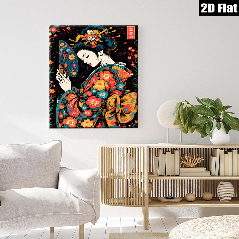 2D flat 1pc Geisha Lady Fan Portrait Wall Art Decor for Living Room Bedroom Aesthetic Home Canvas Prints Modern Farmhouse Style Gallery Wrapped