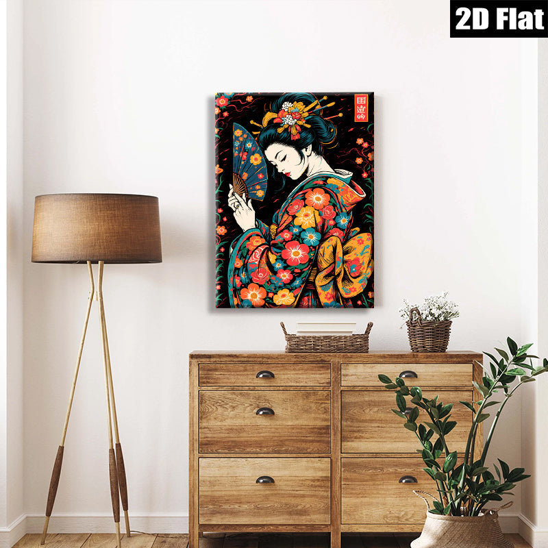 2D flat 1pc Geisha Lady Fan Portrait Wall Art Decor for Living Room Bedroom Aesthetic Home Canvas Prints Modern Farmhouse Style Gallery Wrapped