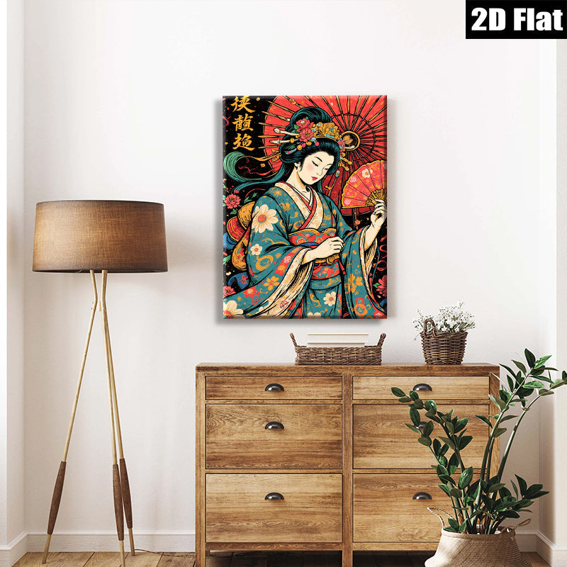 2D flat 1pc Geisha Lady Portrait Wall Art Canvas Prints for Living Room Bedroom Decor Home Office Modern Farmhouse Aesthetic Gallery Wrapped