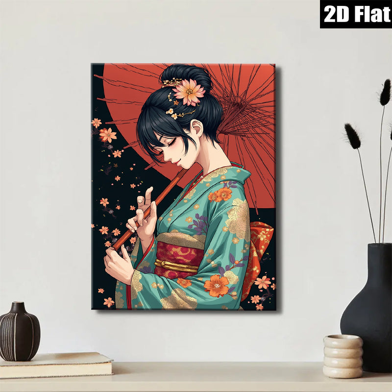 2D flat 1pc Geisha Portrait Wall Art Japanese Kimono Beauty Living Room Bedroom Decor Canvas Prints for Home Gallery Wrapped Ready to Hang