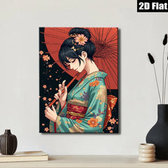 2D flat 1pc Geisha Portrait Wall Art Japanese Kimono Beauty Living Room Bedroom Decor Canvas Prints for Home Gallery Wrapped Ready to Hang