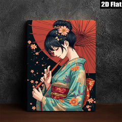 2D flat 1pc Geisha Portrait Wall Art Japanese Kimono Beauty Living Room Bedroom Decor Canvas Prints for Home Gallery Wrapped Ready to Hang