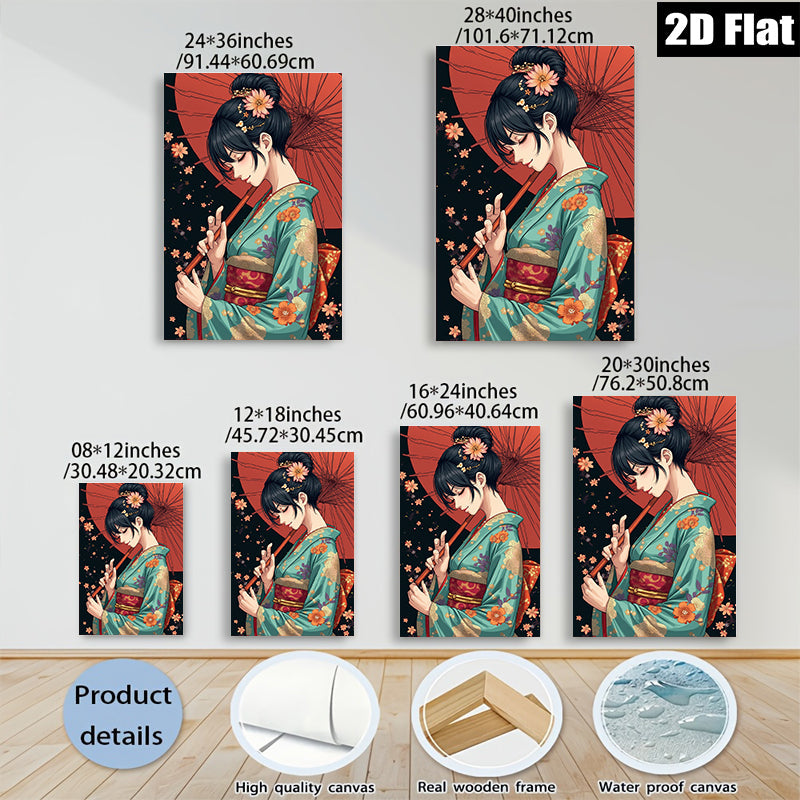 2D flat 1pc Geisha Portrait Wall Art Japanese Kimono Beauty Living Room Bedroom Decor Canvas Prints for Home Gallery Wrapped Ready to Hang