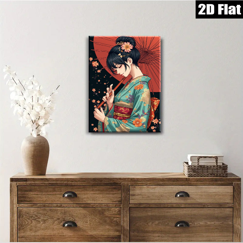 2D flat 1pc Geisha Portrait Wall Art Japanese Kimono Beauty Living Room Bedroom Decor Canvas Prints for Home Gallery Wrapped Ready to Hang
