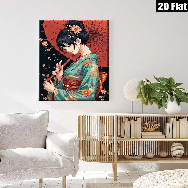 2D flat 1pc Geisha Portrait Wall Art Japanese Kimono Beauty Living Room Bedroom Decor Canvas Prints for Home Gallery Wrapped Ready to Hang