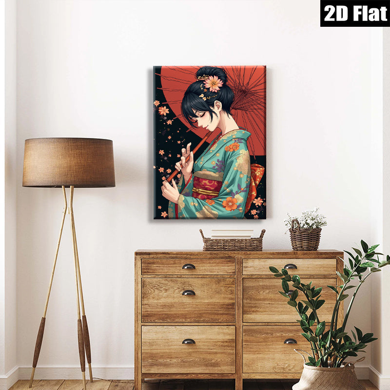 2D flat 1pc Geisha Portrait Wall Art Japanese Kimono Beauty Living Room Bedroom Decor Canvas Prints for Home Gallery Wrapped Ready to Hang