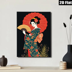 2D flat 1pc Geisha woman with red parasol floral kimono wall art living room bedroom decor farmhouse style gallery wrapped canvas prints ready to hang