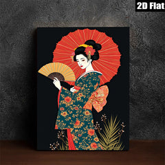 2D flat 1pc Geisha woman with red parasol floral kimono wall art living room bedroom decor farmhouse style gallery wrapped canvas prints ready to hang