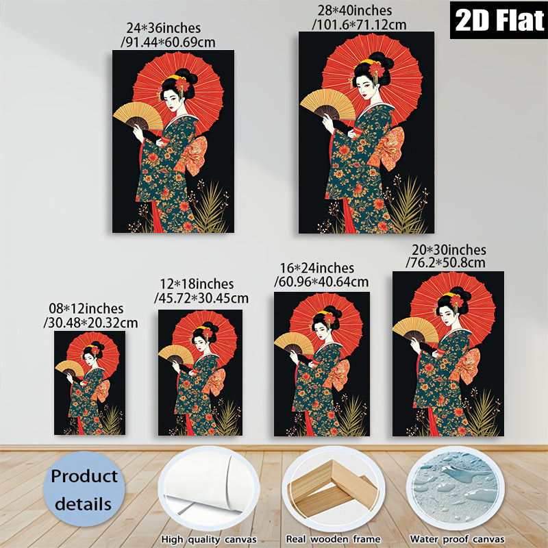 2D flat 1pc Geisha woman with red parasol floral kimono wall art living room bedroom decor farmhouse style gallery wrapped canvas prints ready to hang