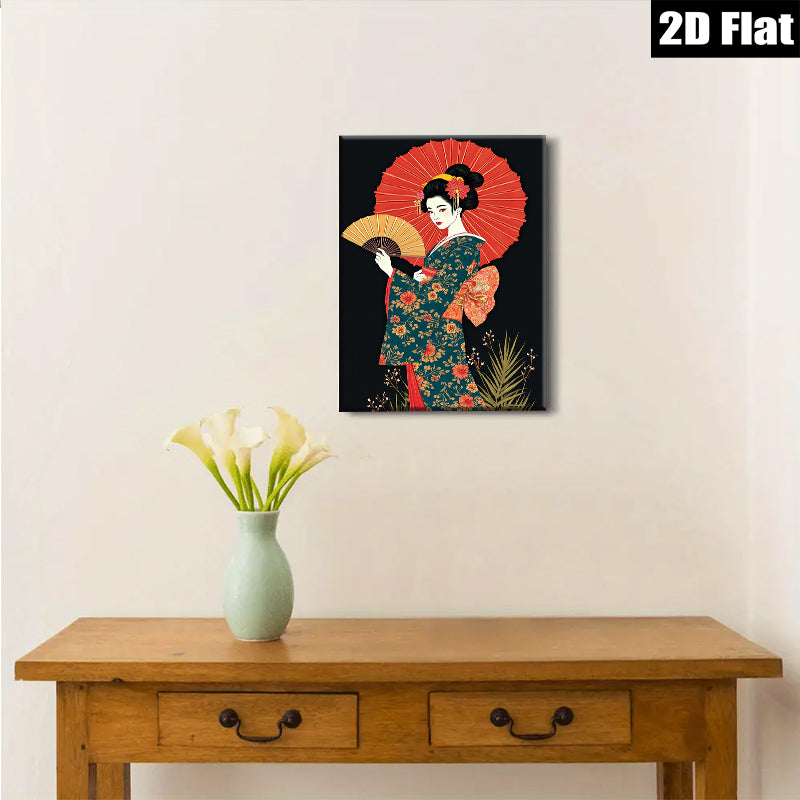 2D flat 1pc Geisha woman with red parasol floral kimono wall art living room bedroom decor farmhouse style gallery wrapped canvas prints ready to hang