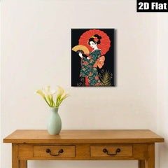 2D flat 1pc Geisha woman with red parasol floral kimono wall art living room bedroom decor farmhouse style gallery wrapped canvas prints ready to hang