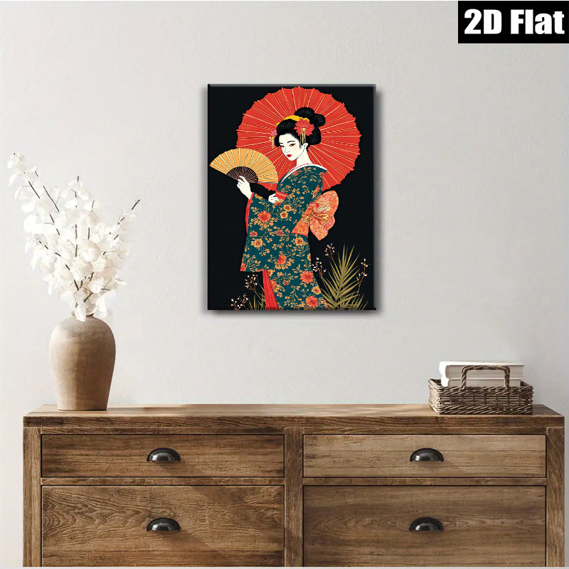 2D flat 1pc Geisha woman with red parasol floral kimono wall art living room bedroom decor farmhouse style gallery wrapped canvas prints ready to hang
