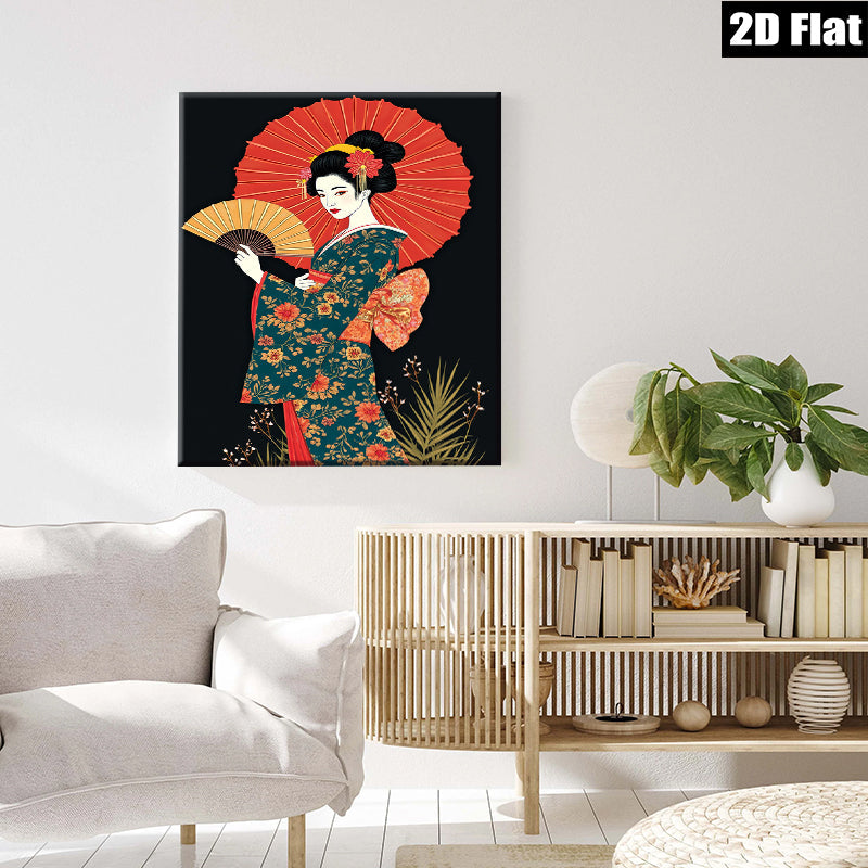 2D flat 1pc Geisha woman with red parasol floral kimono wall art living room bedroom decor farmhouse style gallery wrapped canvas prints ready to hang