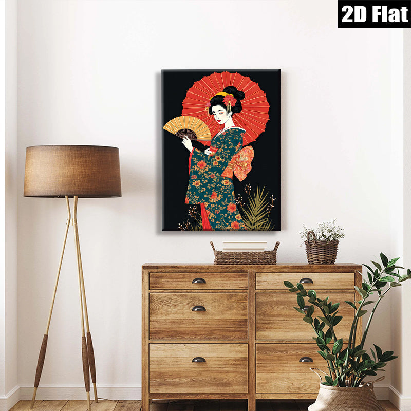 2D flat 1pc Geisha woman with red parasol floral kimono wall art living room bedroom decor farmhouse style gallery wrapped canvas prints ready to hang