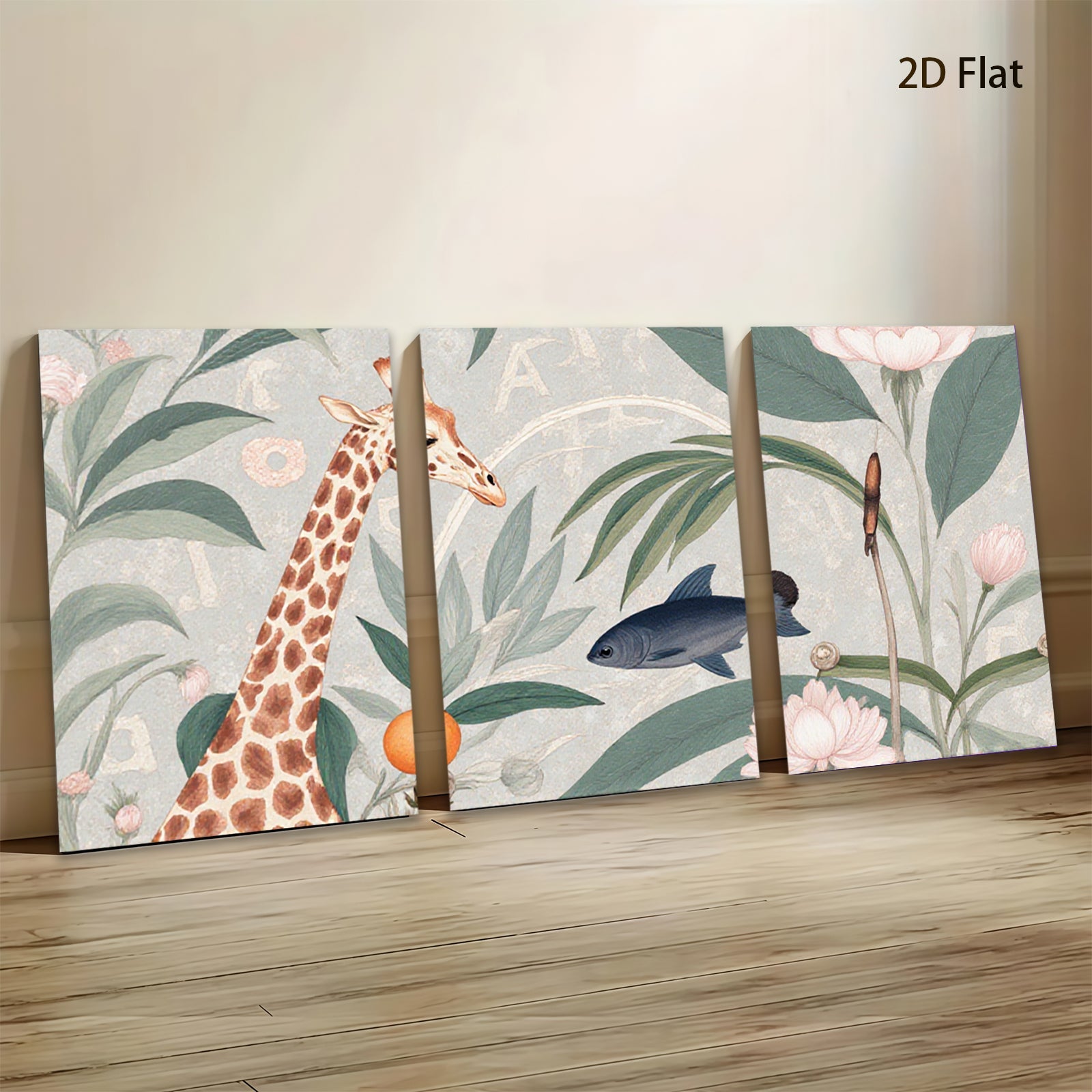 2D flat 1pc Giraffe bloom citrus botanical wall art decor for living room bedroom gallery wrapped canvas print modern farmhouse aesthetic