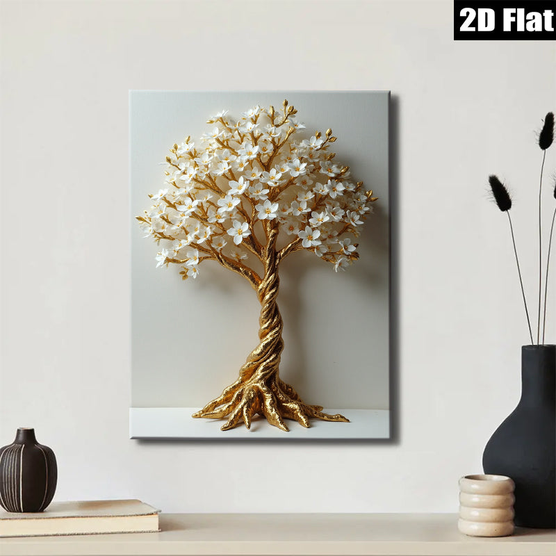 2D flat 1pc Gold Floral Tree Wall Art Modern Botanical Decor Living Room Bedroom Home Office Gallery Wrapped Canvas Prints Cozy Farmhouse Style